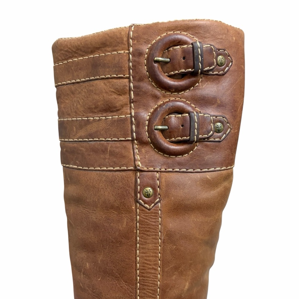 Frye Frankie Buckle Boots Leather Heeled Tall Brown 8 - Picture 6 of 12